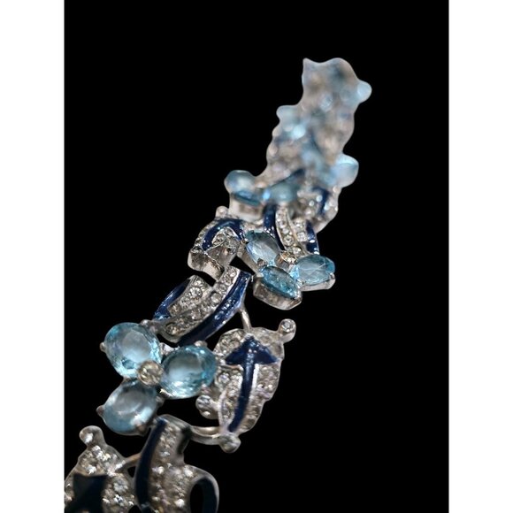 Vintage 1930s Rhodium-Plated Blue Enamel Trillium Bracelet Attributed to Mazer - Picture 7 of 13